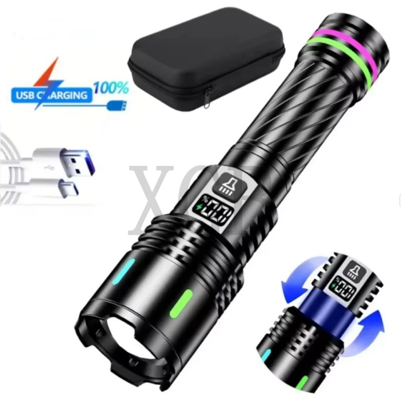 Lanterna LED recarregável ultra poderosa com bateria 18650 Tocha tática à prova d'água com zoom e display LCD de energia
