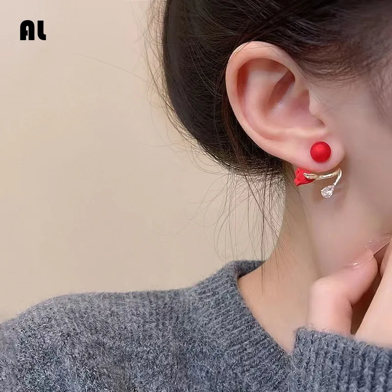 

New Fashion Red Rose Stud Earring Imitation Pearl Flower Korean Earrings for Woman Party Jewelry Christmas Gift