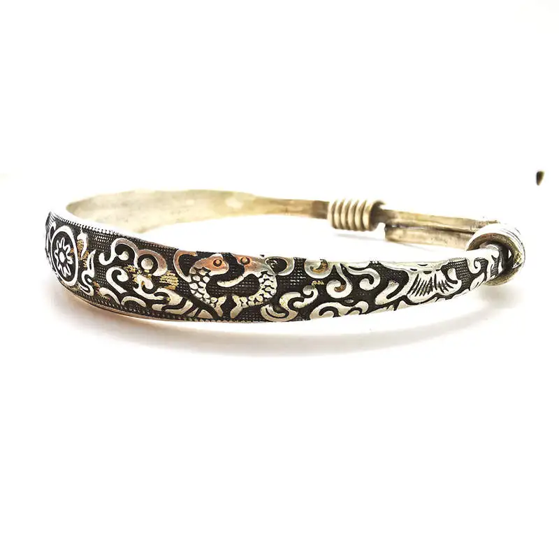 Tibetan Lucky Eight Auspicious Amulet Symbols Adjustable Bangle Traditional Miao Ethnic Jewelry BB-004