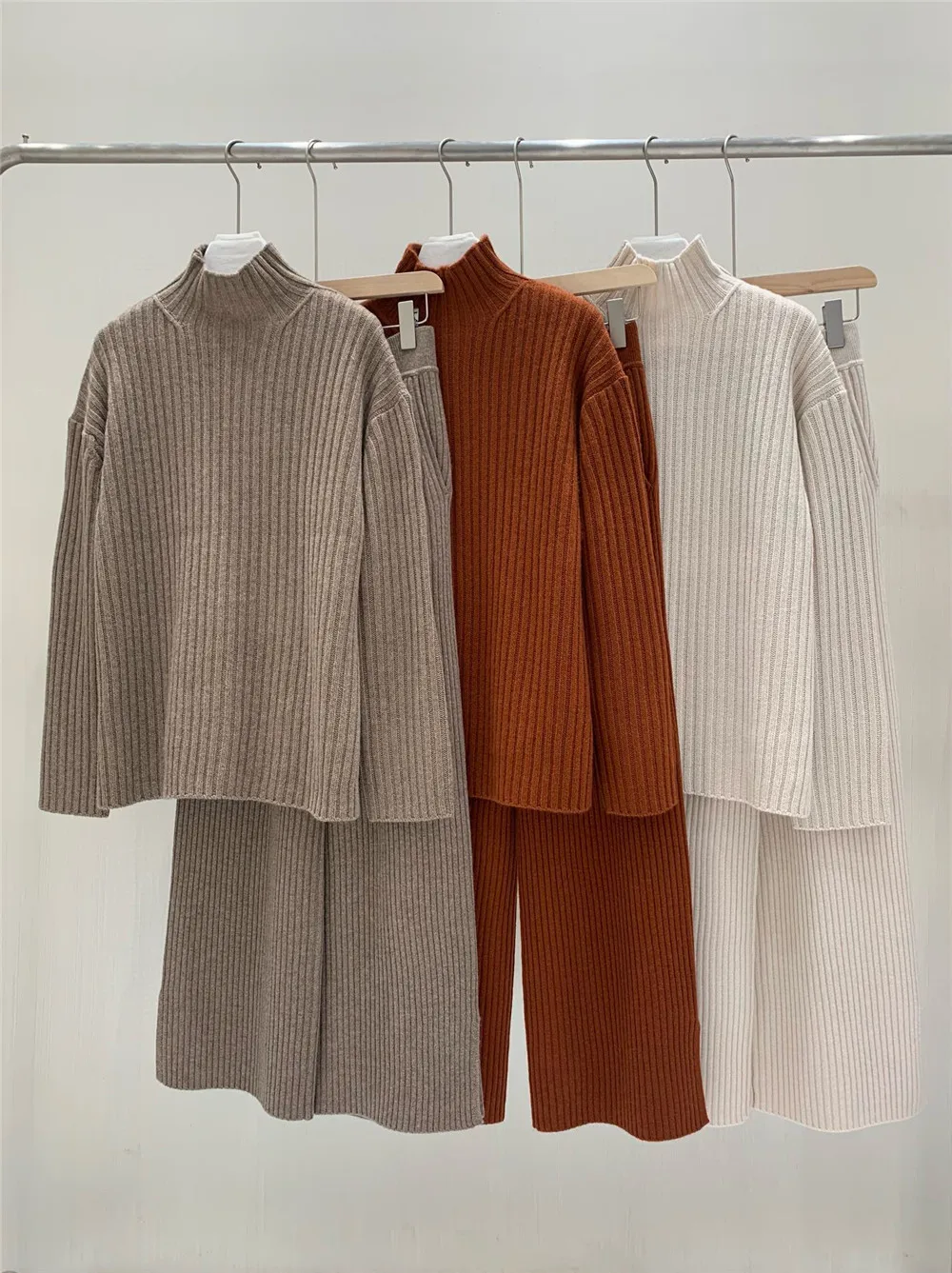 Women's Autumn Winter 2024 Cashmere Set Half Turtleneck Pullover Sweater  + Elastic Waist Straight Wide-Leg Pants Set