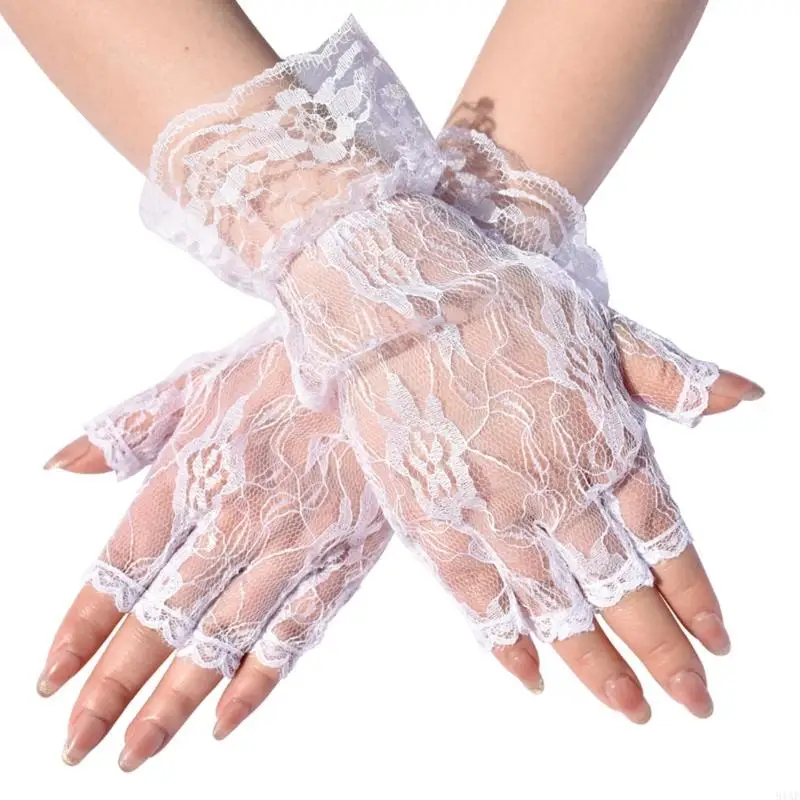 

91AF Bridal Accessory Hand Gloves Half Finger Gloves With Lace Flower Pattern for Formal Occasion Wedding Bride Accessories