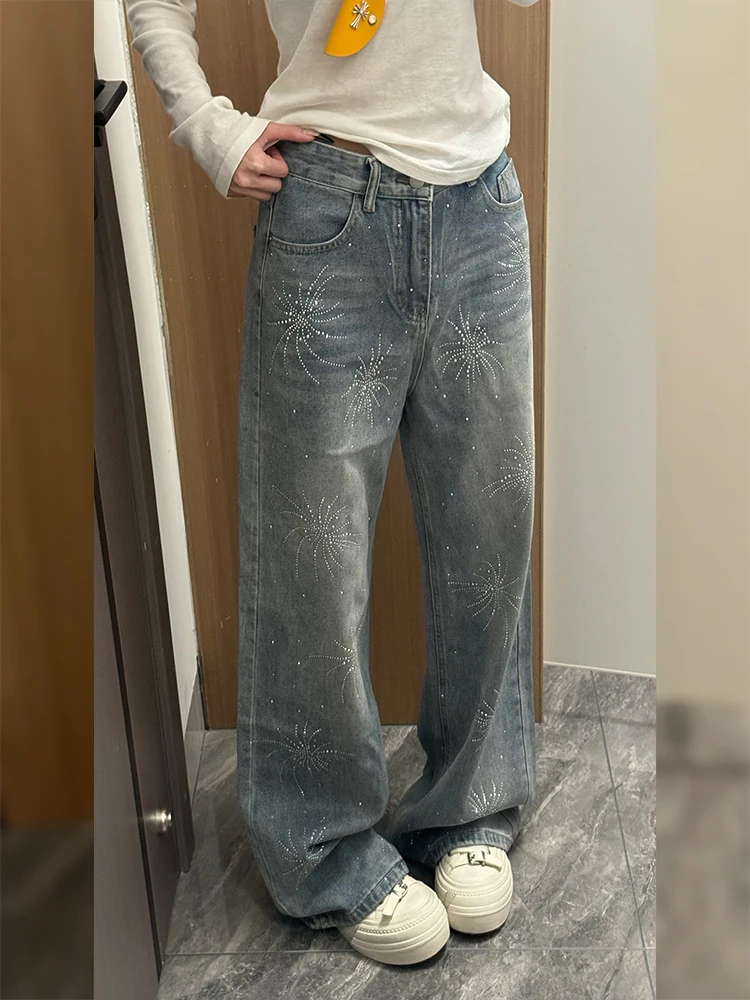 

American High Street Design Firework Rhinestone Denim Pants Women Summer New Spicy Girl Fashion Floor-Length Trousers