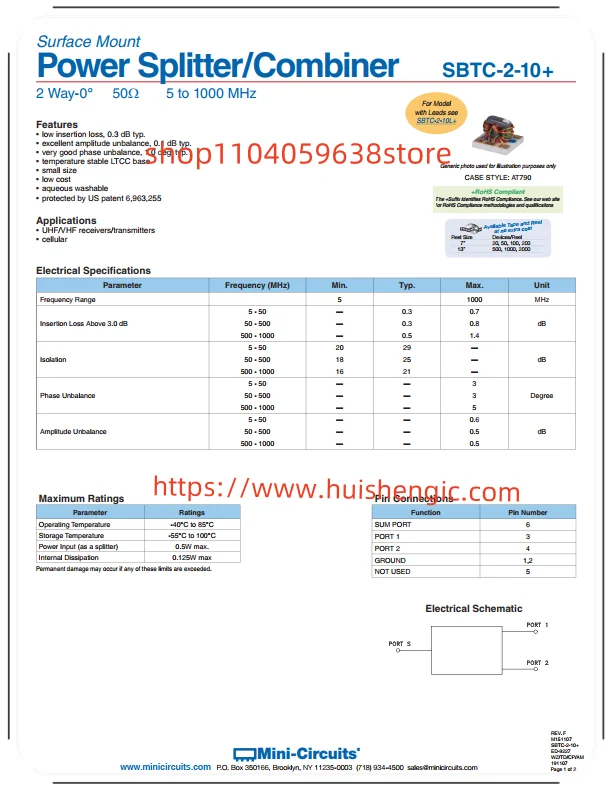 SBTC-2-10+ مقسم/مجمع طاقة RF 5 ميجا هرتز ~ 1 جيجا هرتز عزل (دقيقة) 20 ديسيبل، 5 ° غير متوازن (كحد أقصى) 6-SMD، بدون رصاص، 5 خيوط #2