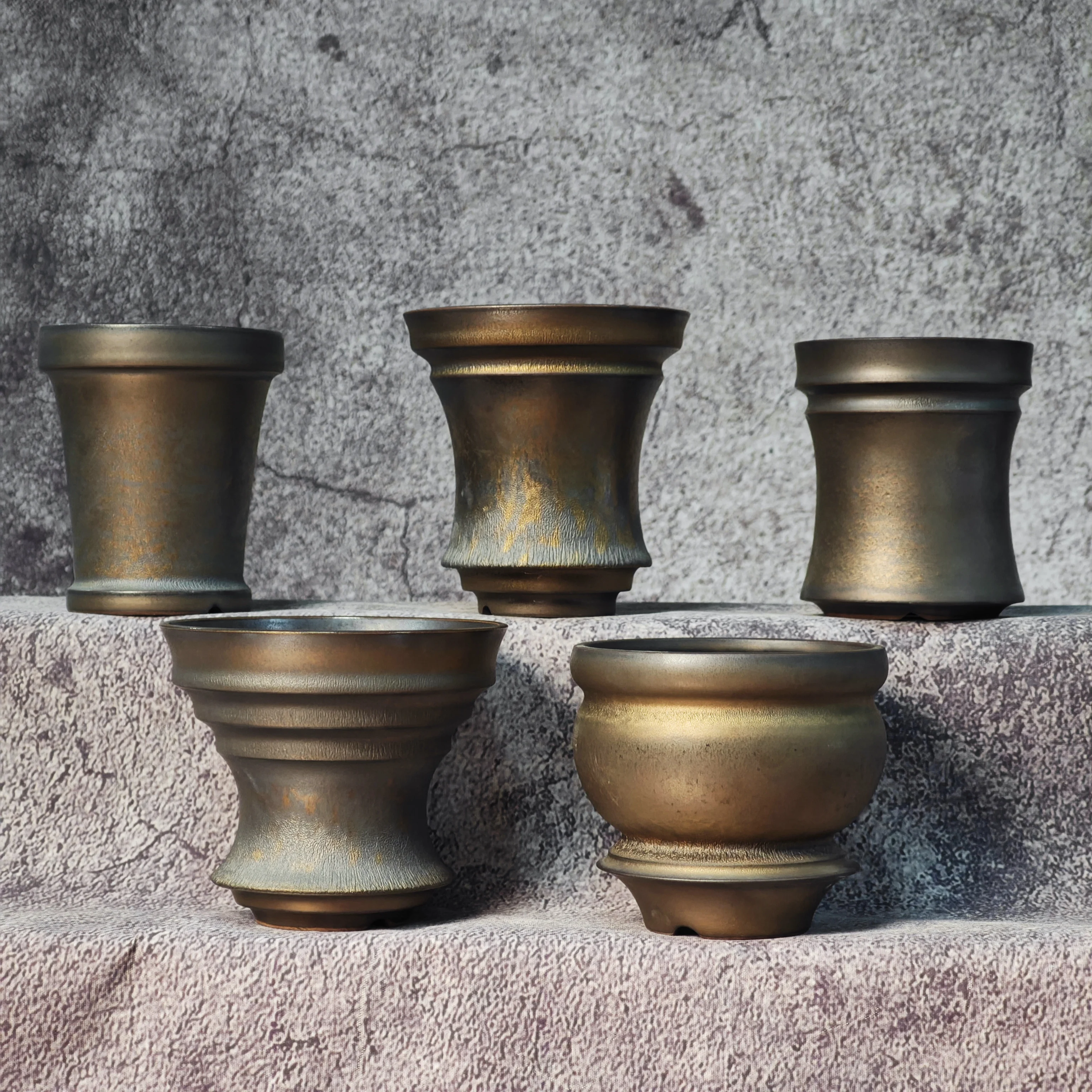Small Handmade Gold Ceramic Pot Planter Unique Desktop Planter for Caudex Pachypodium Cactus Agave Succulent Tropical Plant