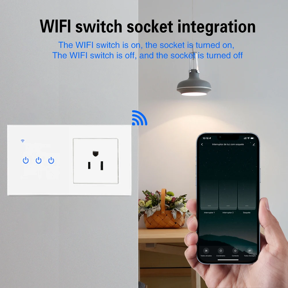 US Smart House Tuya Wifi Switch With Socket  Glass Panel Sensor Button Inteligente Work With Google Home Alexa Voice Control