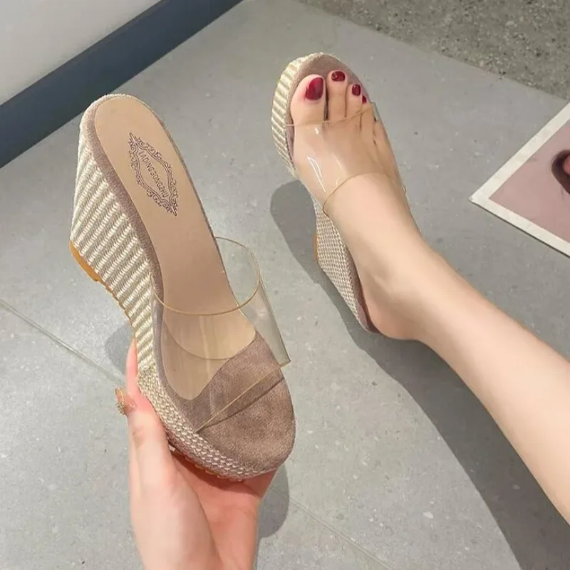 2024 Women Shoes High Heels Transparent Slippers Low Platform on A Wedge Women Heels Slides Block High Soft Casual Rome  Sandals