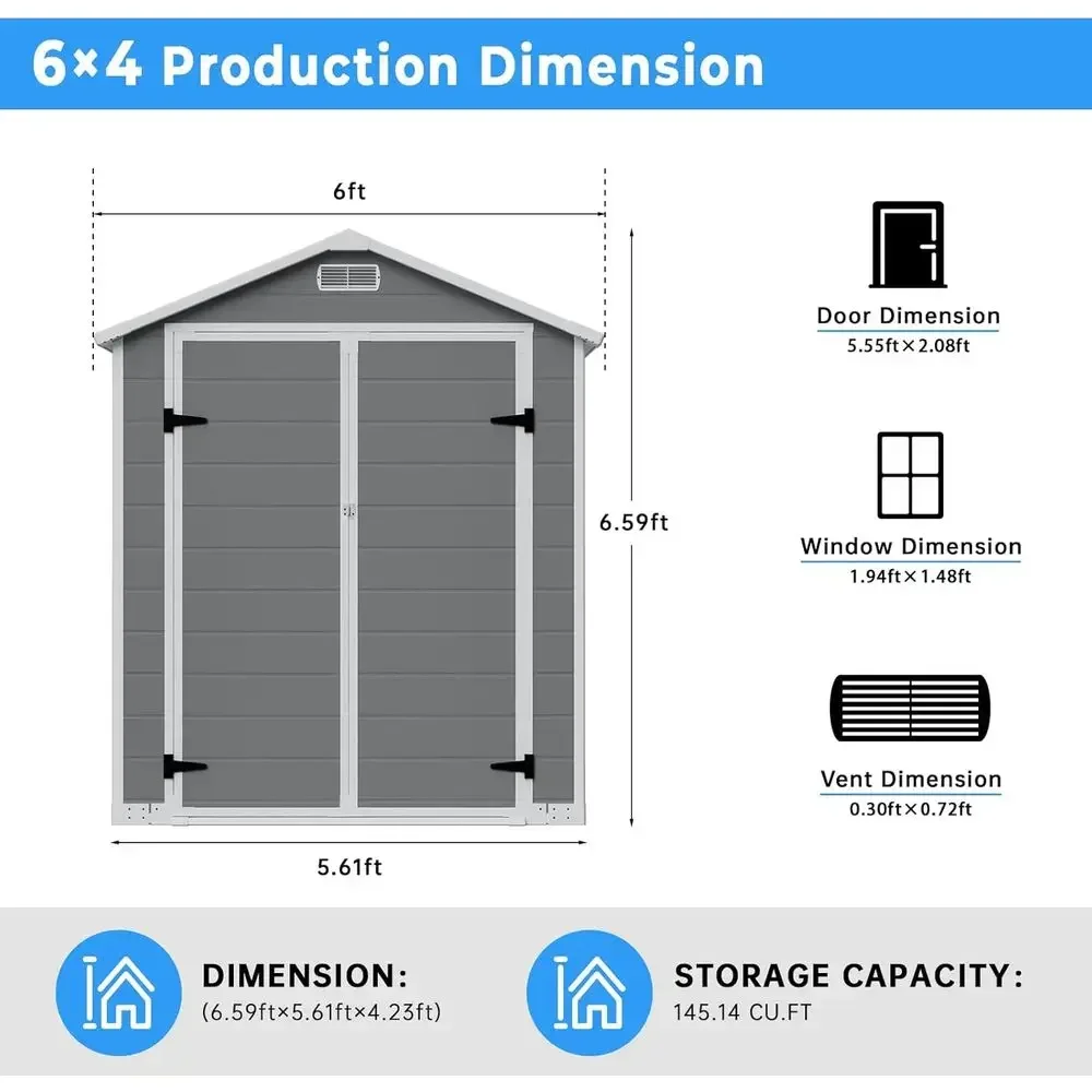 Gray 6x4 Outdoor Storage Shed with Window, Resin Plastic, Weather-Resistant Cabinet with Lockable Door for Backyard, Patio, Pool