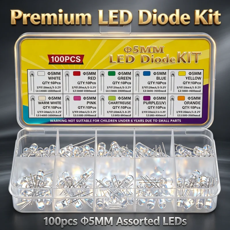 

100/200PCS 5MM Round LED Diode Assortment Warm White Red Orange Yellow Green Blue Violet Pink 10 Colors DIY Electronic Component