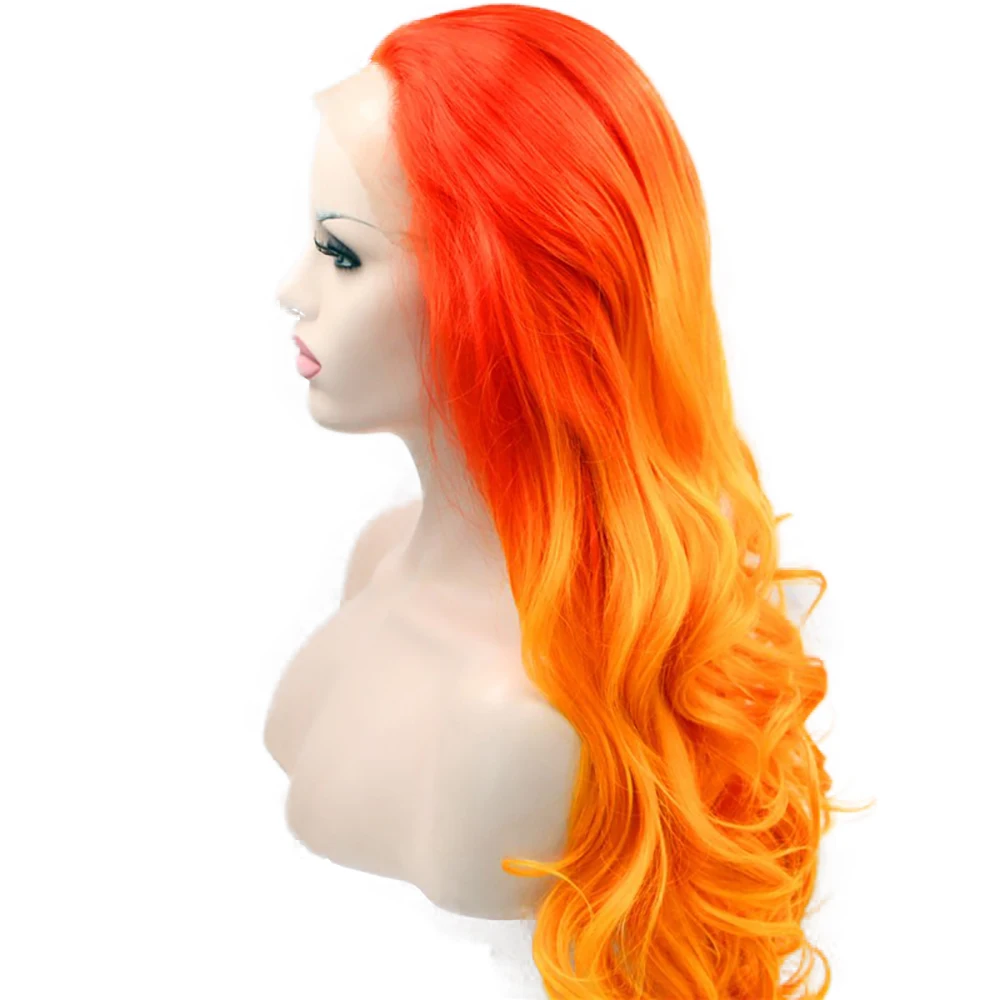 Melody Long Wavy Synthetic Lace Front Wig Ombre Orange, Copper, Blonde White Colorful Lace Wig for Women Halloween Cosplay Wigs