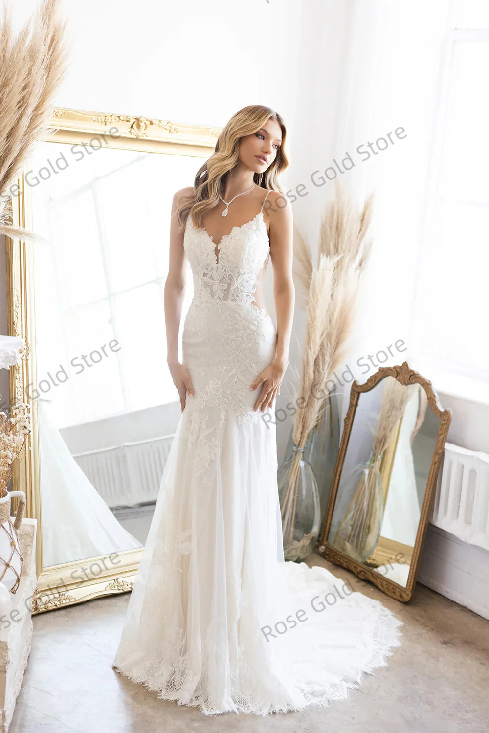 Morden Mermaid Wedding Dresses Beach V Neck  Women Vestidos de Gala Elegant Lace Appliqued Sleeveless Customized Wedding Dresses