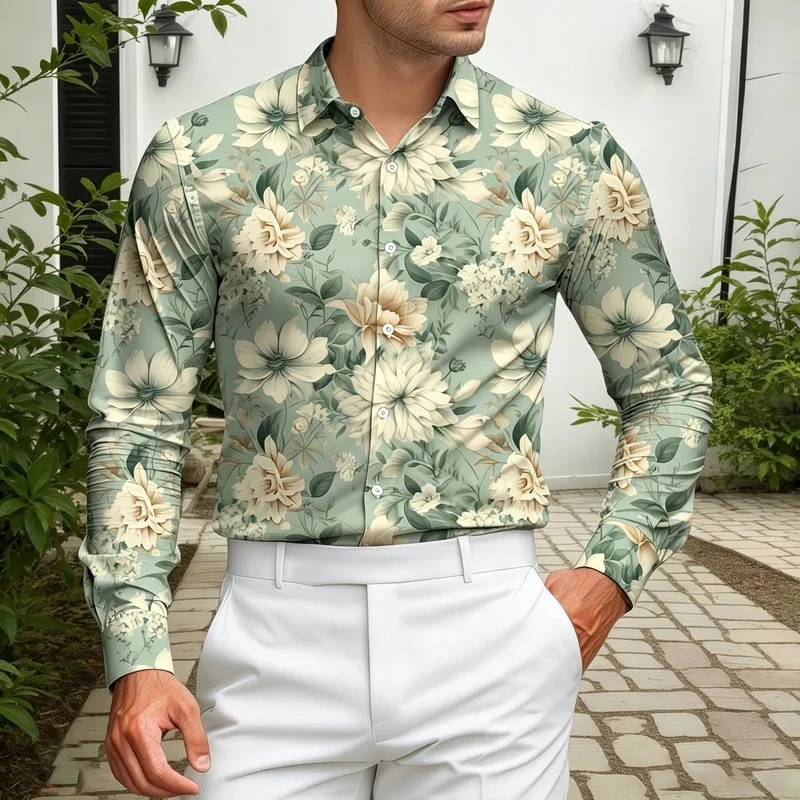Men's collared slim-fit long-sleeved shirt, oil painting print all-over drape, plus size vacation/light business cardigan top.