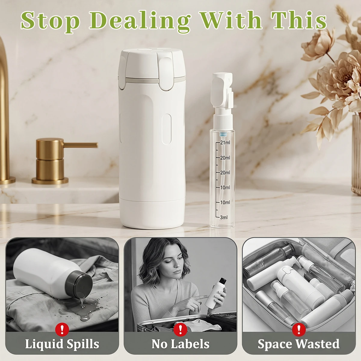 4 in 1 Portable Leak proof Travel Bottle Dispenser Set for Perfume Shampoo Sub-bottles Press Conditioner Lotion for Easy Packing