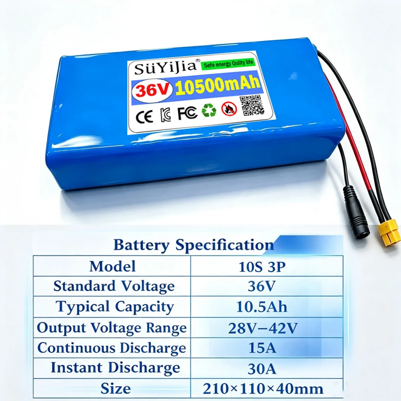 36V 10.5Ah Lithium Battery Pack 18650 10S3P 10500mAh 500W High Power Electric Scooter Two Wheelers Power Tools Portable Cells