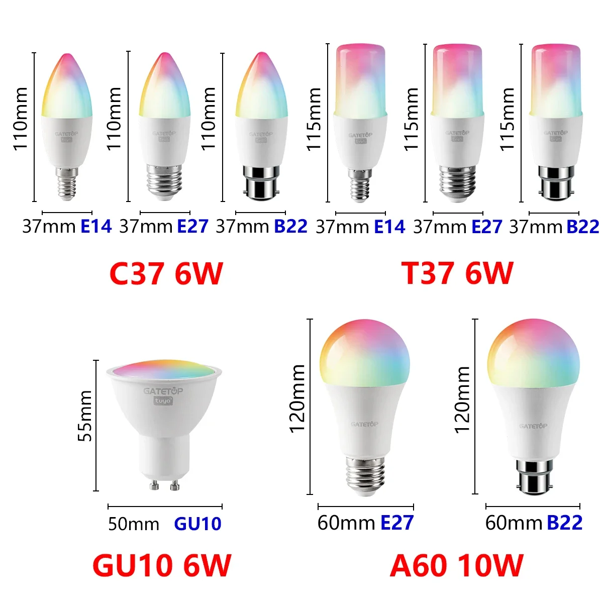 Tuya RGB สมาร์ทหลอดไฟหรี่แสงได้ Gu10 C37 A60 E14 E27 B22 WiFi LED MAGIC โคมไฟ AC85V-265V 6W 10W ทํางานร่วมกับ Alexa Google Home