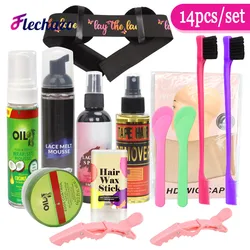 Wig Installation Kit Set 14Pcs Lace Melt Mousse Lace Tint Spray Tape Hair Wrap Set Mousse Hair Wax Stick Edge Control Hair Brush