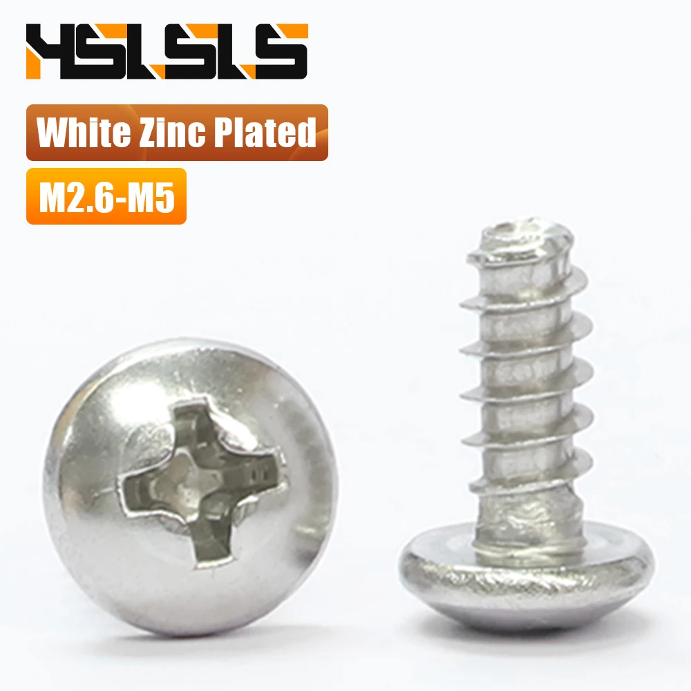 30-100pcs Cross Round Head Flat Tail Tapping Screw White Zinc Plated M2 M2.6 M3 M3.5 M4 M5 Phillips Pan Head Self Tapping Screw