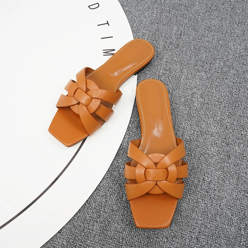 

Latest Italian Design Summer Luxury Flat Heel Fishmouth Women's Shoes Flat Genuine Leather plus size Women Slippers 34-44