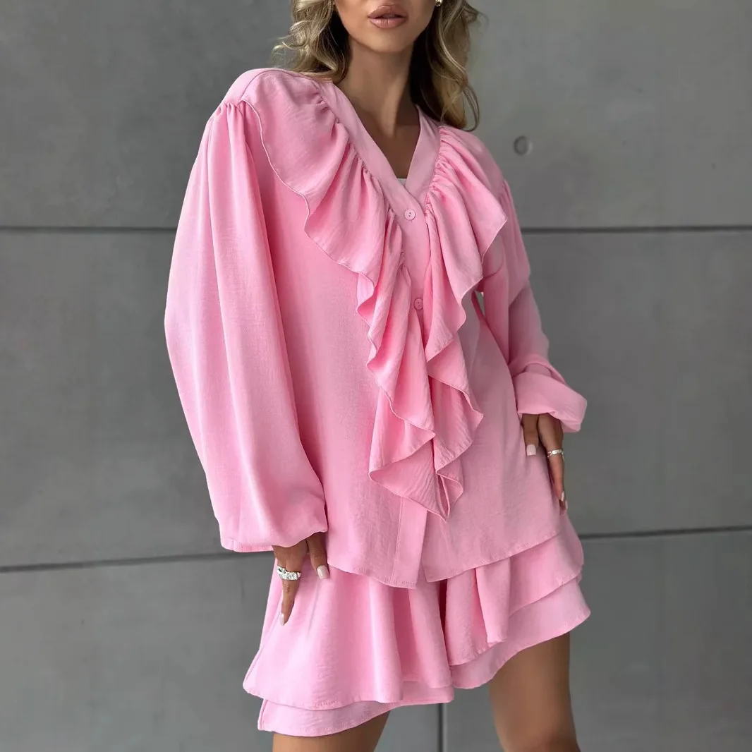 

Ruffles Long-sleeved Shirt Double-layer Shorts Women's Two Pieces Set Single-breasted V-neck Top Straight Shorts Summer Set