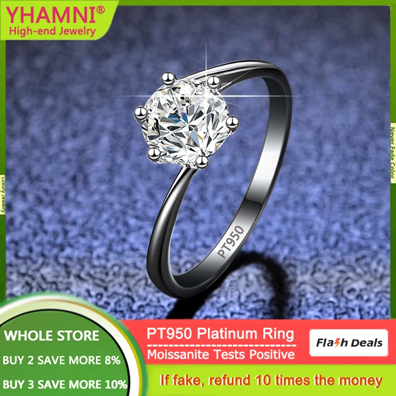 Classic PT950 Platinum 1 Carat Moissanite Wedding Rings for Women Round Brilliant Lab Diamond Solitaire Engagement Rings Gift