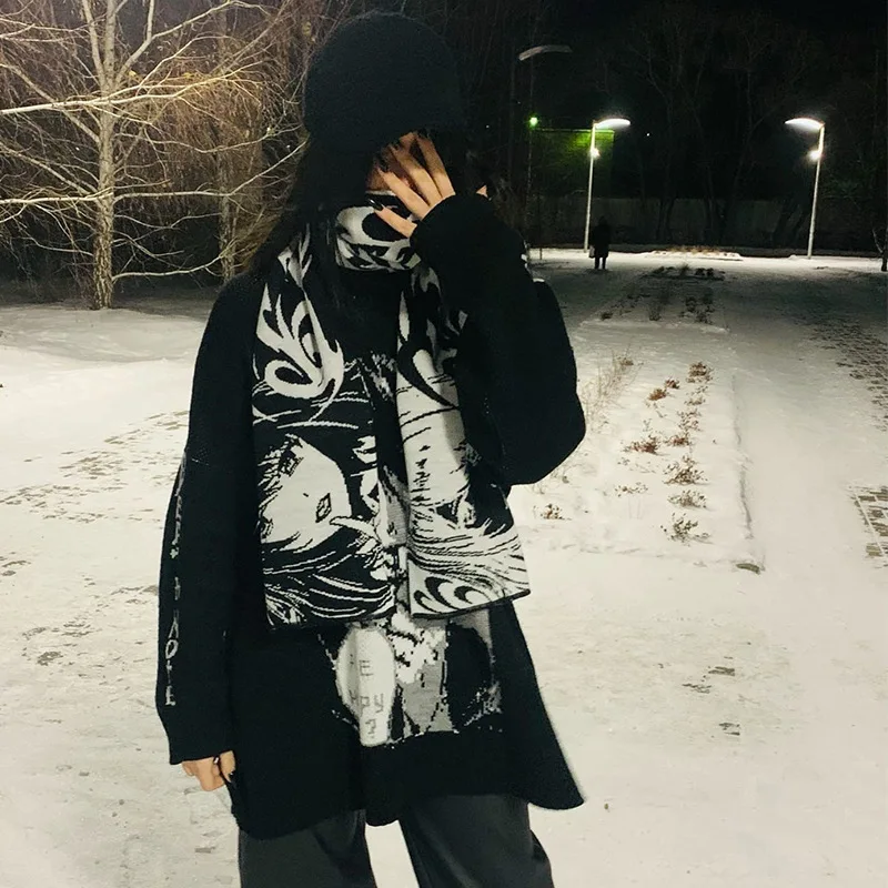 Fashion Y2K Double sided scarf Versatile Japanese Anime striped knitted women\'s scarf men\'s winter scarf black tassel scarf