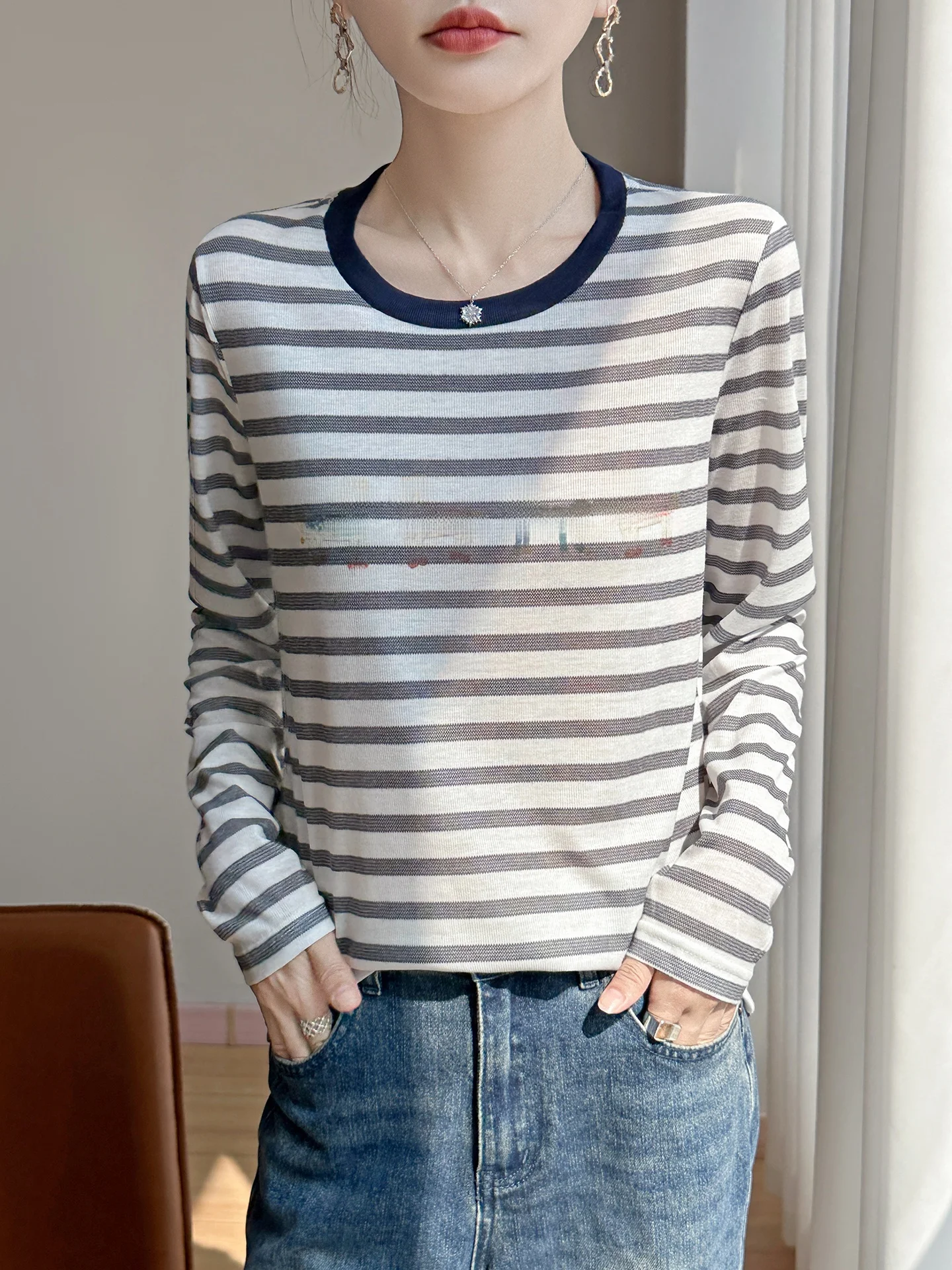 

Faionable Striped Knitted Base irt Women's Loose Fit Soft Casual Sle Long Sve round Ne Breathable Autumn Winter Sw...