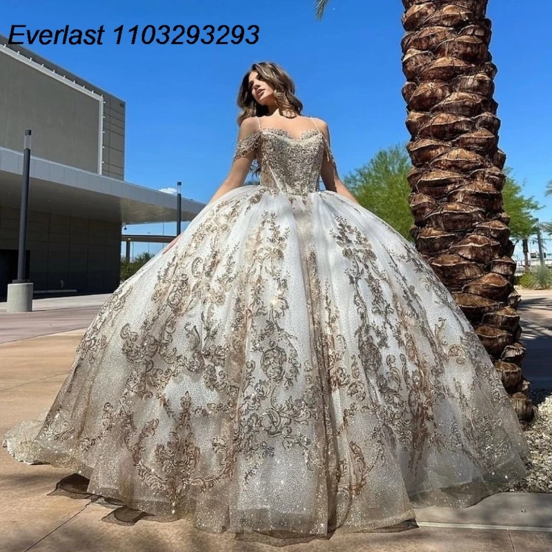 EVLAST Glitter Quinceanera Dress Ball Gown Lace Applique perline paillettes Spaghetti corsetto dolce 16 Vestido De 15 Anos TQD295