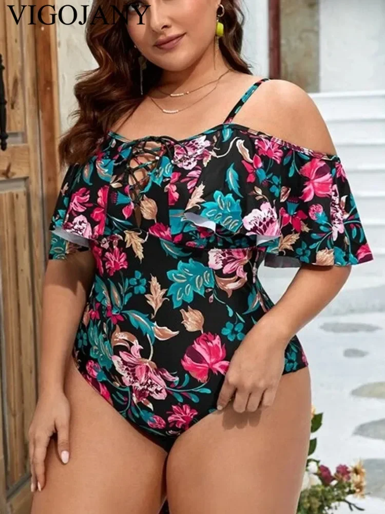 

VigoJany 2025 Print Strapped Plus Size Swimwear Women Verge Push Up Large One Piece Swimsuit Beach Chubby Big Bathing Suit