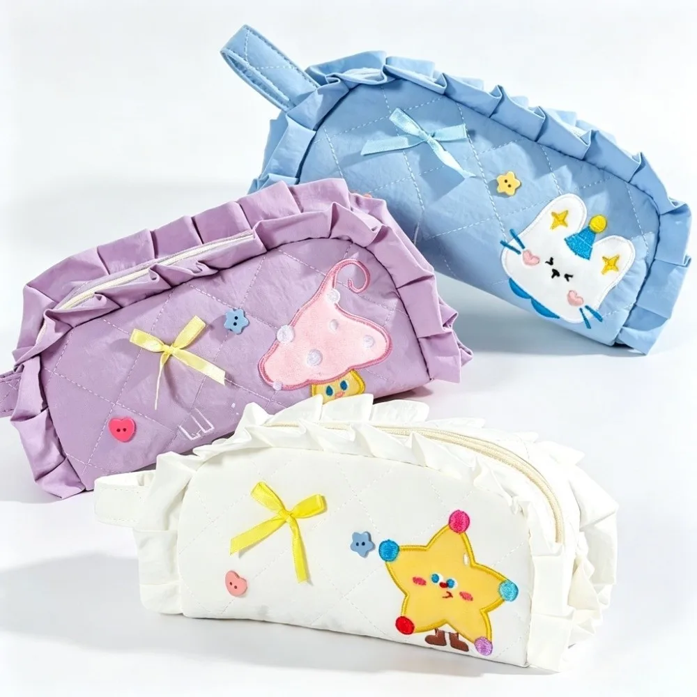 Large Capacity Pencil Pouch Quilted Design Rabbit Embroidery Stationery Organizer Ruffle Trim With Handle Pencil Case For