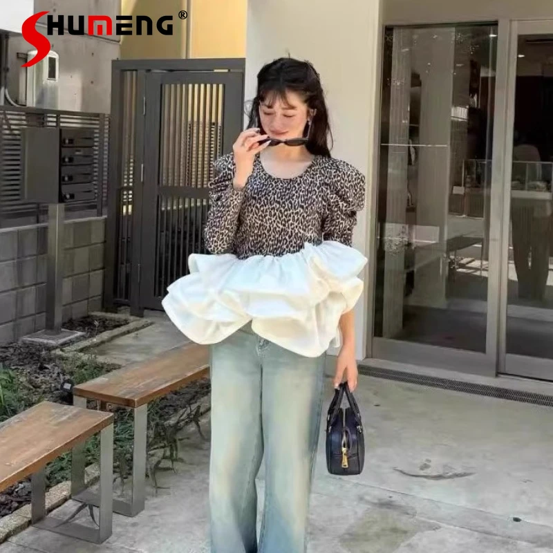 

Women's Leopard Print Top Spring Autumn New 2025 Japanese Fashion Sweet Ruffle Patchwork Bud T-Shirt Girl's Long Sleeve Pullover