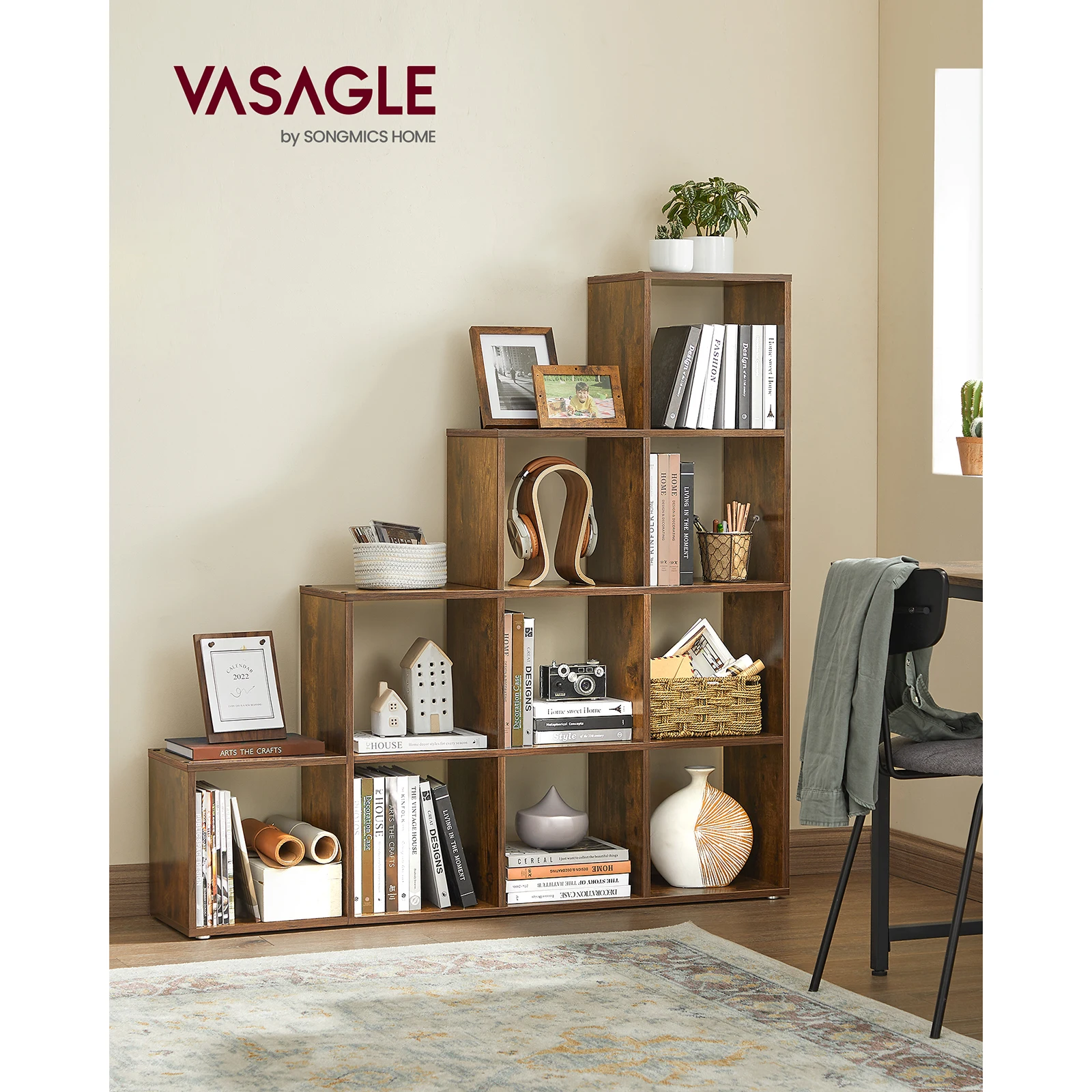 VASAGLE 10 Tier Bookcase Open Shelf Storage Cabinet for Decorations, Picture Frame, Living Room, Bedroom, Office