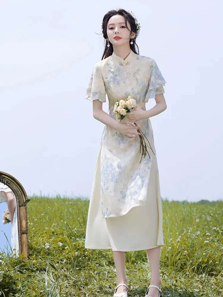 أنيقة الرجعية سيدة شابة جميلة تشيباو فستان ريترو Hanfu الشاي الفن فستان الحفلات التقليدية فيتنام آو داي المرأة الدانتيل Aodai فستان