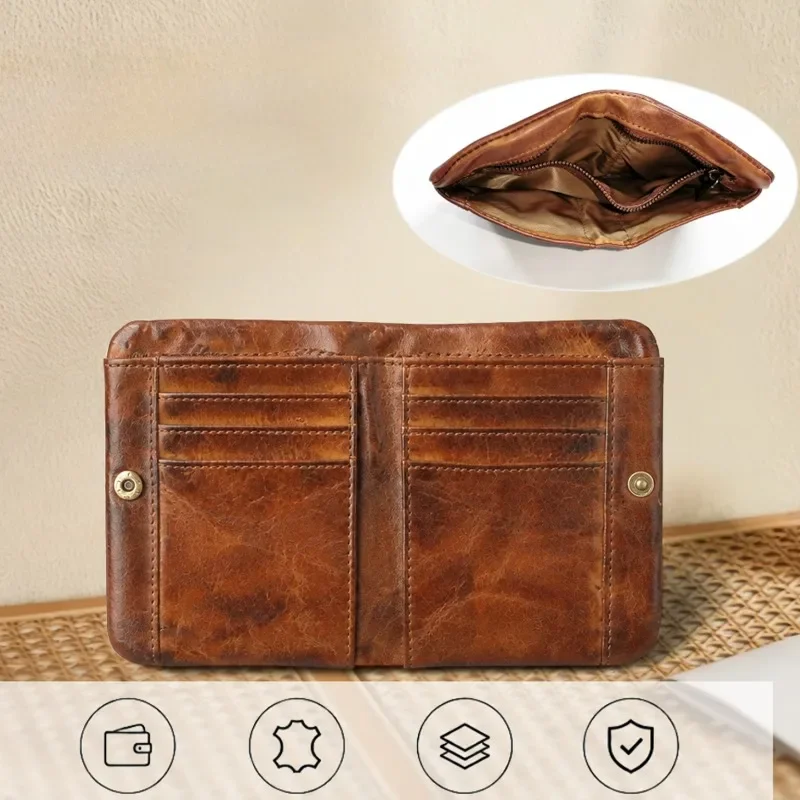 Retro Vegetable Tanned Genuine Leather Mens Bifold Wallet with Zipper Coin Pocket Men's Snap Button Closure Short Wallet Simple