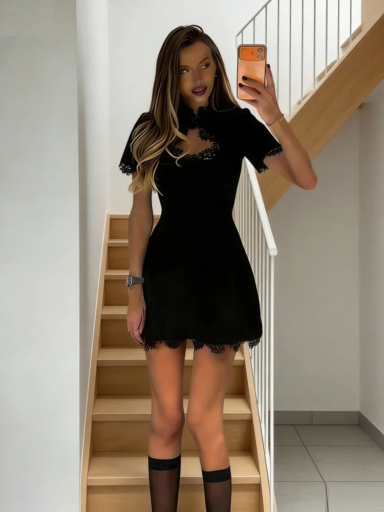 토시 블랙 레이스 홀로우 아웃 미니 드레스 여성 패치워크 반팔 섹시 하이웨이스트 파티 드레스 여성 캐주얼 프린트 드레스