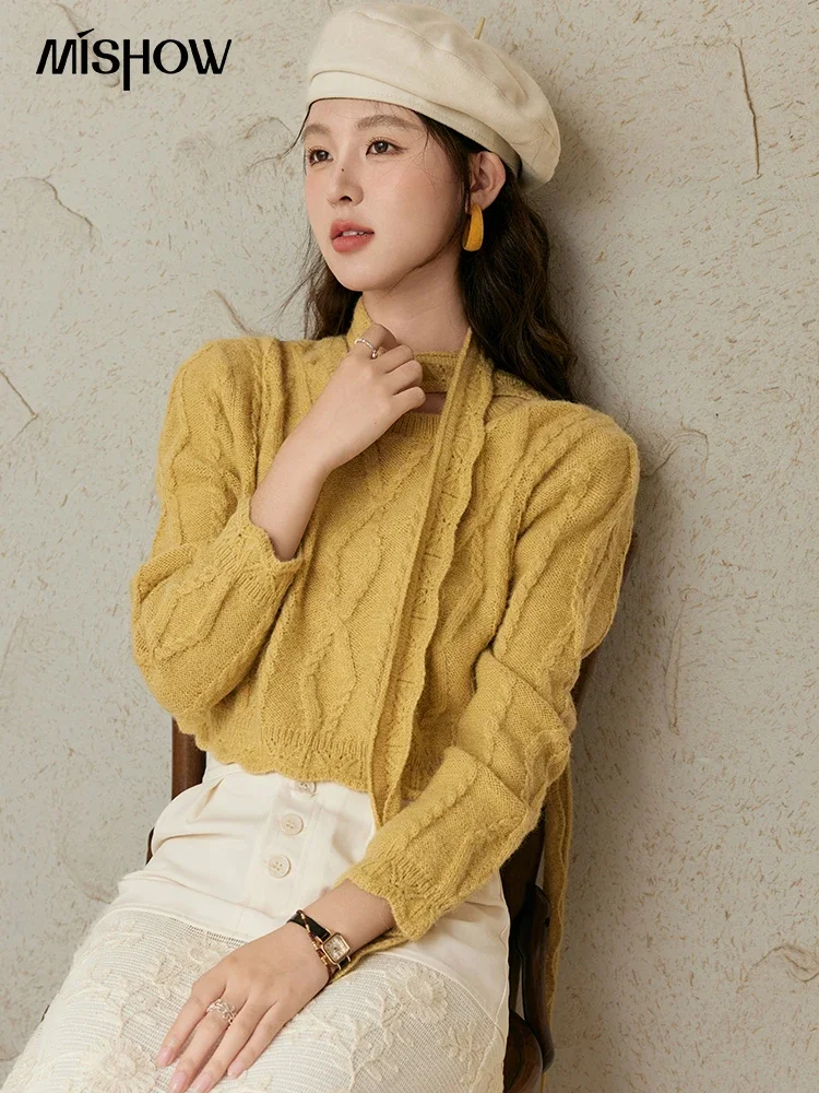 MISHOW Romantic Lace Wave Lace O-neck Knitted Sweater 2024 French Short Top Solid Hollow Elegant Sweater with Belt MPD42Z0736