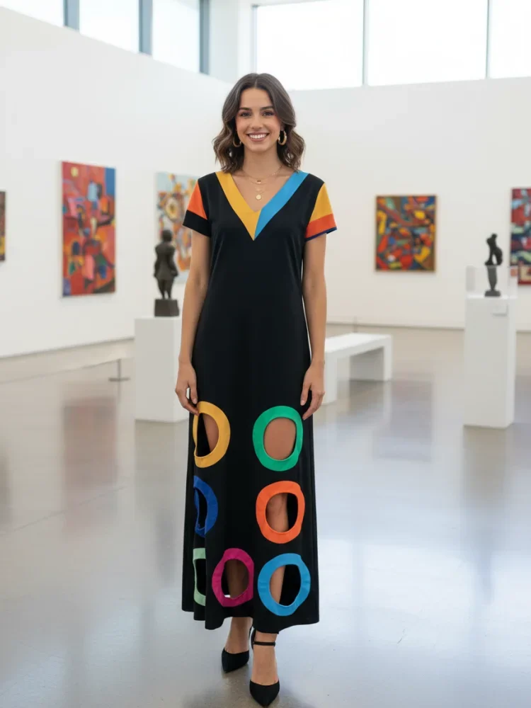 Vestido preto artístico estiloso feminino 2026 elegante estruturado com decote em v manga curta arco-íris anel recorte formal evento vestido de festa