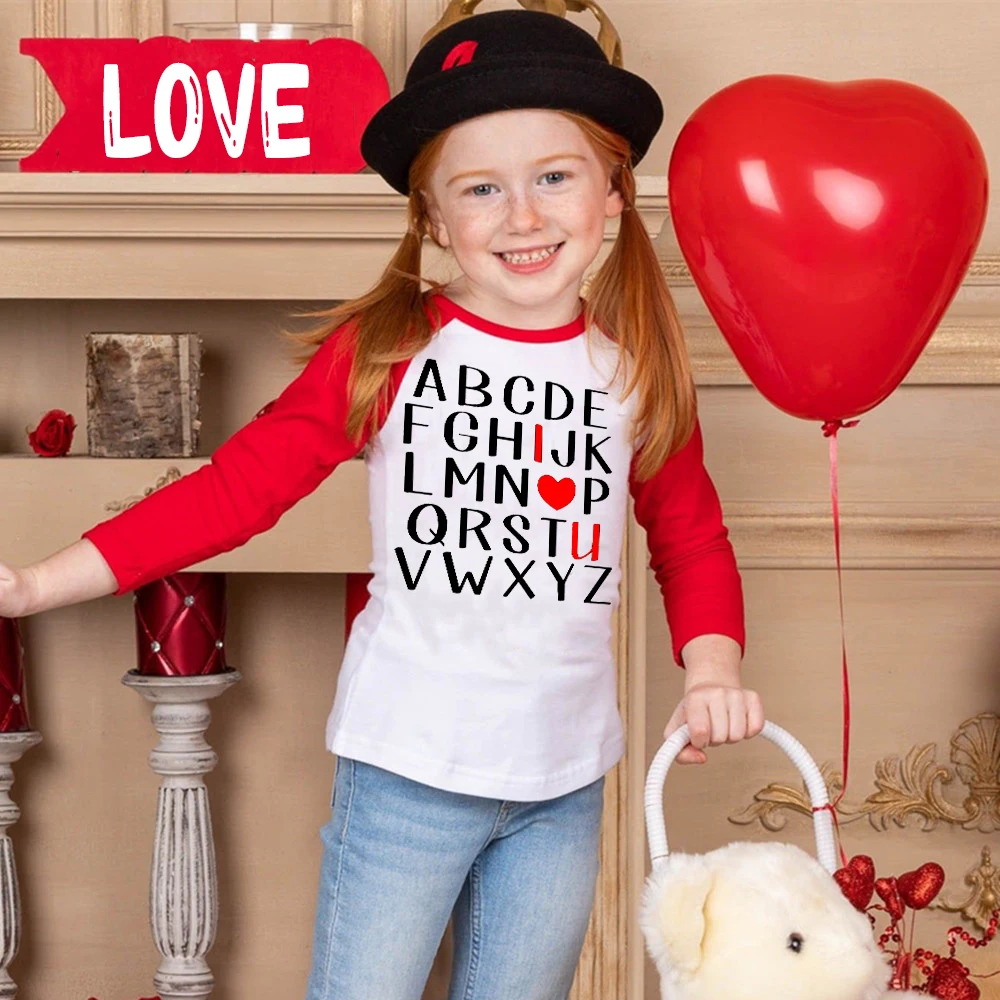 

ABC I Love U Print Shirt Alphabet Kids Raglan T-shirt Children Valentine's Long Sleeve Clothes Valentine Outfit for Girls Boys