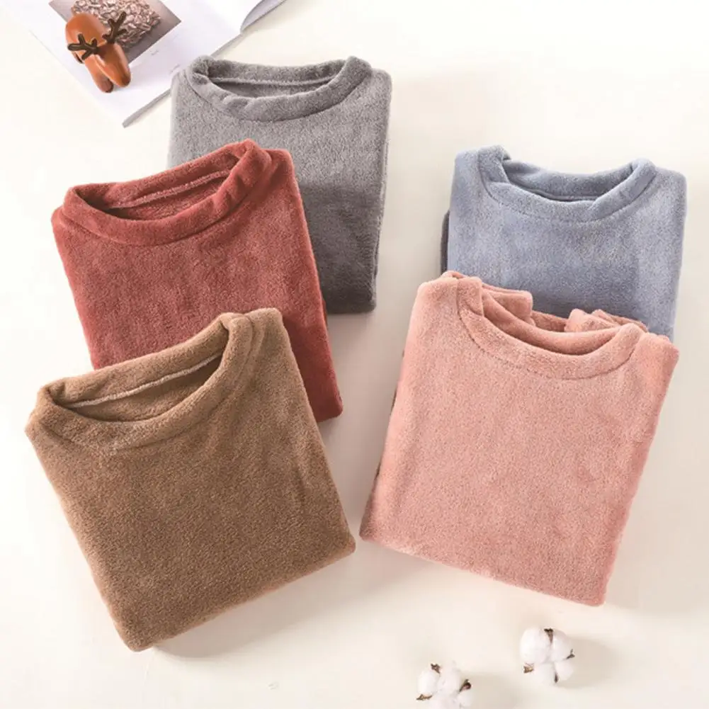 2Pcs/Set Women Pajamas Set O-neck Long Sleeve Tops Elastic Waist Long Pants Soft Coral Fleece Loungewear Set