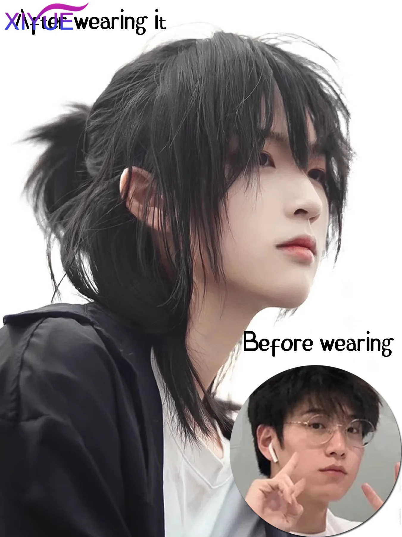 XIYUE Short Mullet Head Wigs with Bangs Synthetic Straight Anime Men Black Gray Green Hair Wig for Daily Party Cosplay