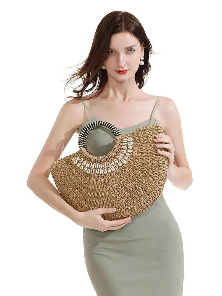 Hand Woven Paper Bag Women's Handbag Fashion Summer Beach Bags Shell Straw Paper Shopper Bag Designer Large Capacity Handbags