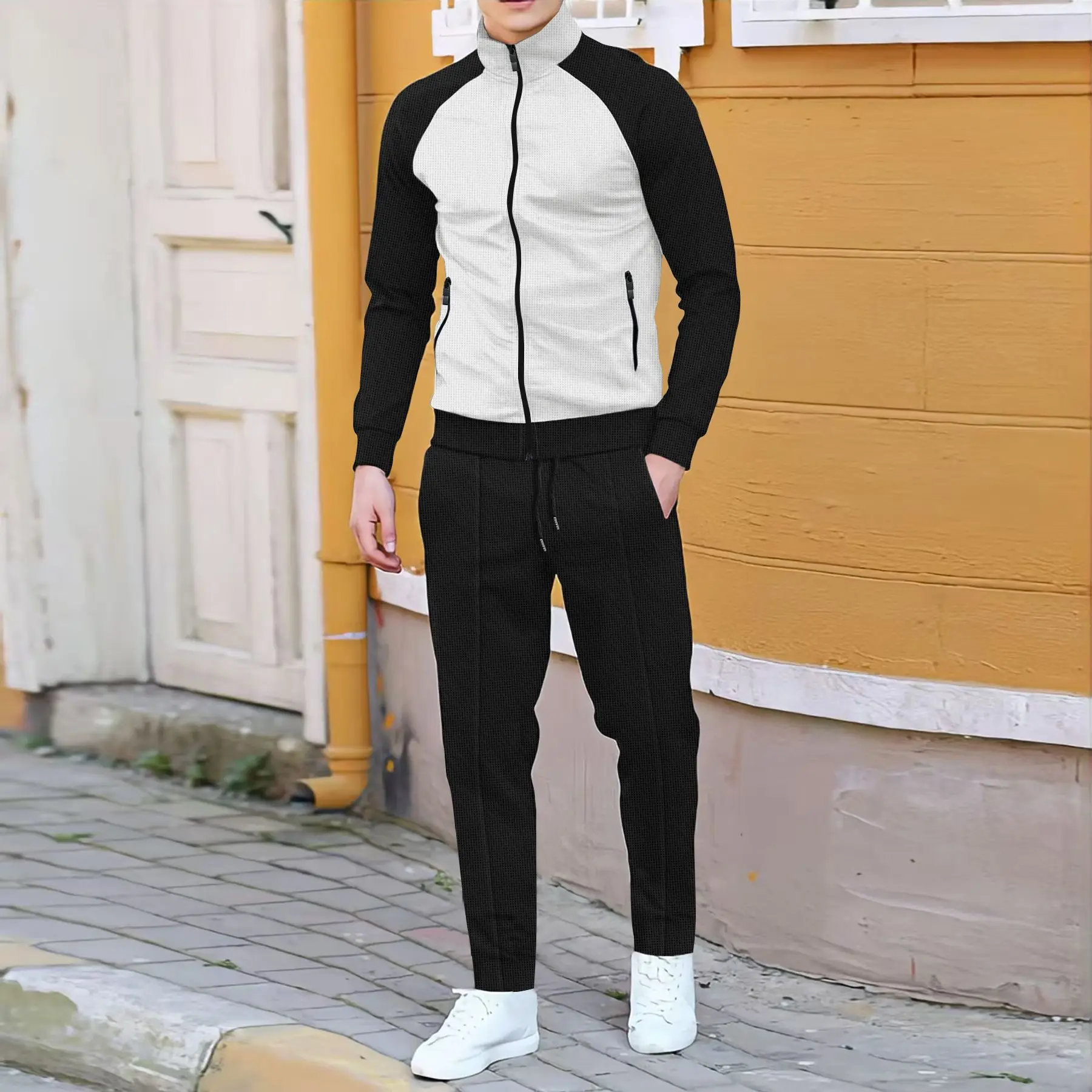 Spring and autumn men\'s casual suit fashion color contrast with rotator sleeve high neck jacket + trousers casual outdoor sports