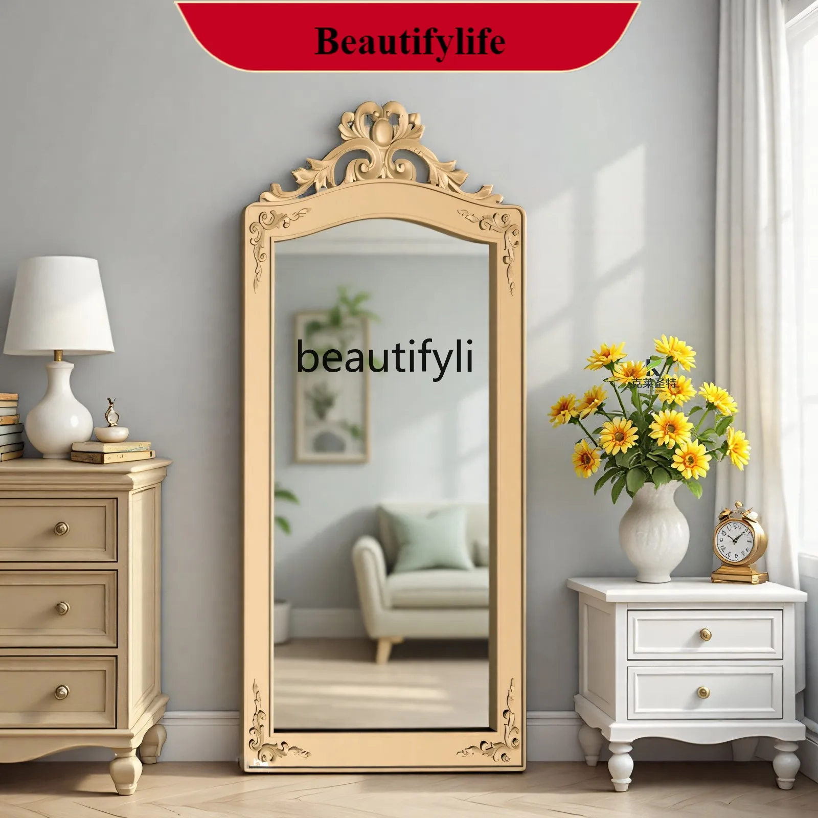 

F66 European retro full-body mirror French light luxury carving, clothing store fitting mirror American cloakroom floor mirror