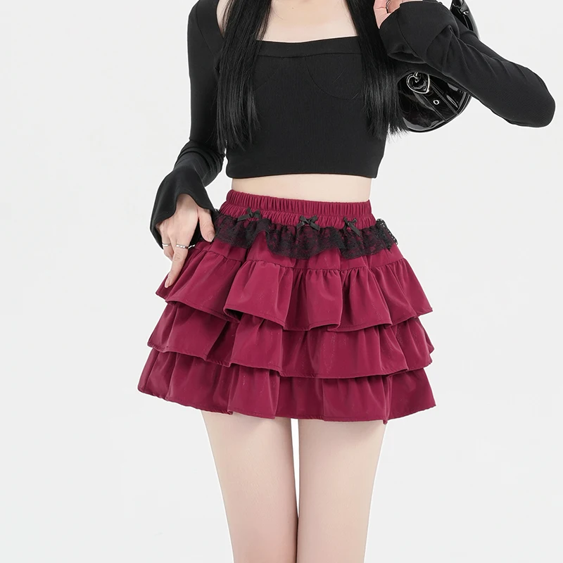 Cake Puff Skirts Women Designed Hotsweet Girl PU Leather Cute Pleated Micro Mini Skirt Y2k Female Stylish Fall Winter Lace Skirt