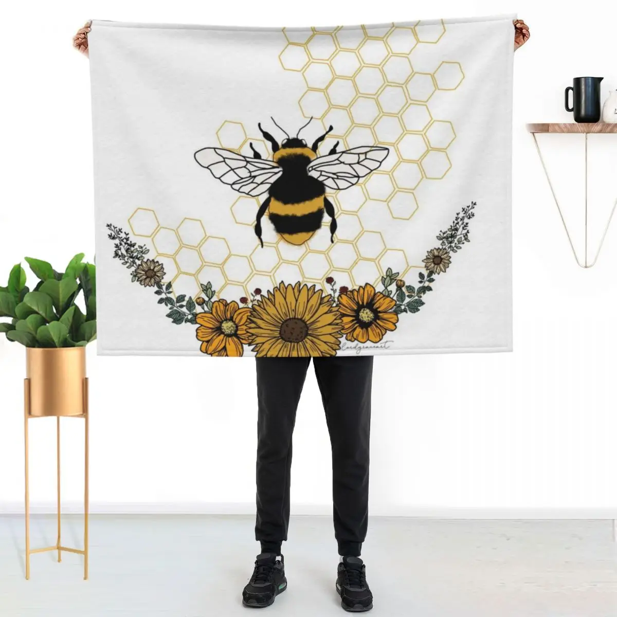 

Sunflower Bee- Honey Comb Yellow Throw Blanket Faux Fur Soft Warm Blanket for Bed