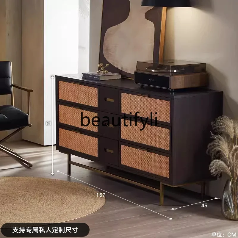 

Modern simple medieval retro solid wood oak rattan six buckets Nordic entrance side cabinet