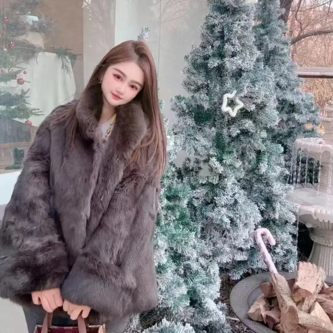 Mantel Bulu Kelinci Timur Atas 2025 Baru Semua Bulu Ledakan Asli Satu Kerah Berdiri Bulu Musim Dingin Panjang Sedang Hangat