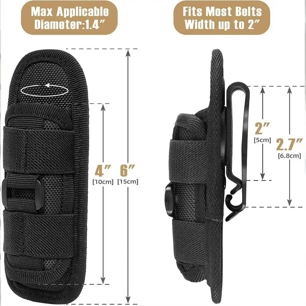 Tactical Flashlight Pouch Holster, Rotatable Flashlight Holder Belt Clip Tactical Torch Carry Case with 360 Degree Carabiner