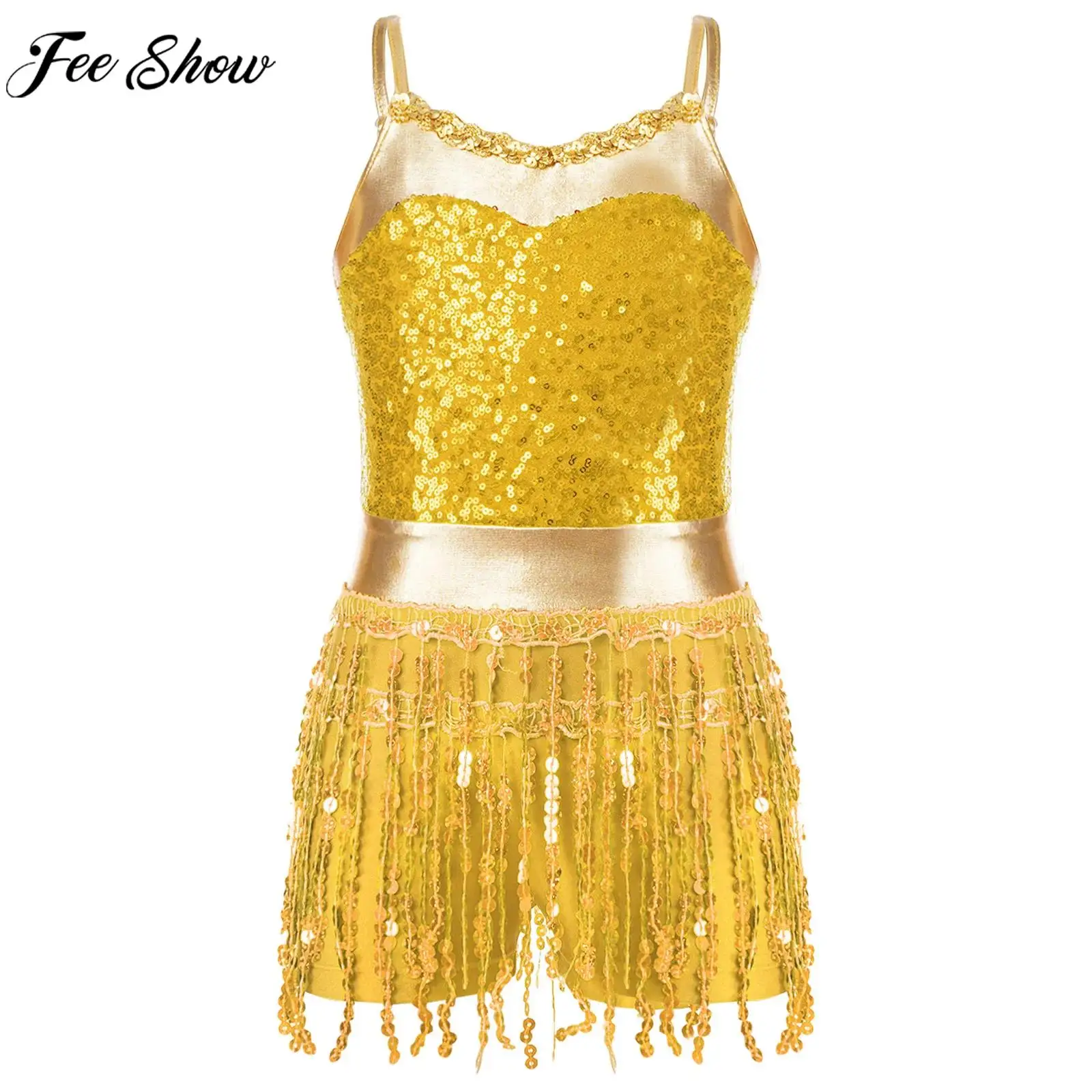 Kids Girl Latin Dance Costume Jazz Samba Cha-cha Figure Skating Leotard Dress Shiny Sequin Tassel Bodysuit for Stage Performance