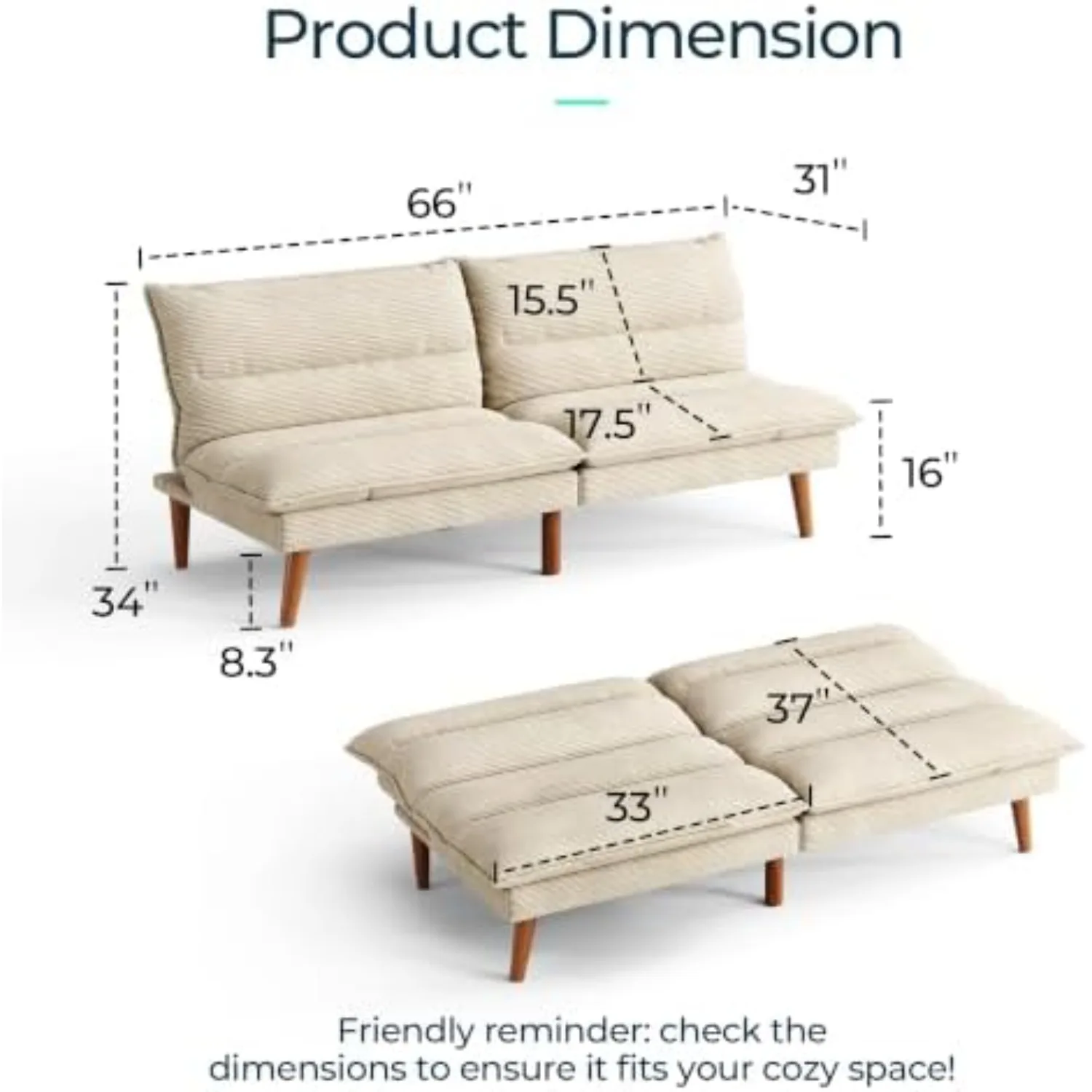 Futon Sofa Bed, Corduroy Futon Couch with 3-Position Adjustable Backrest, Convertible Sofa Bed Loveseat, Small Couches