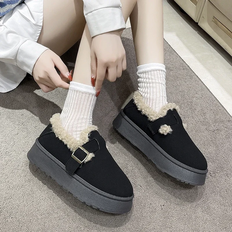 

Pop Winter Women Boots Flat Sole Non-slip Plush Warm Snow Boots Vintage Loafers Lightweight Slip-on Ankle Boots Ladies Shoes