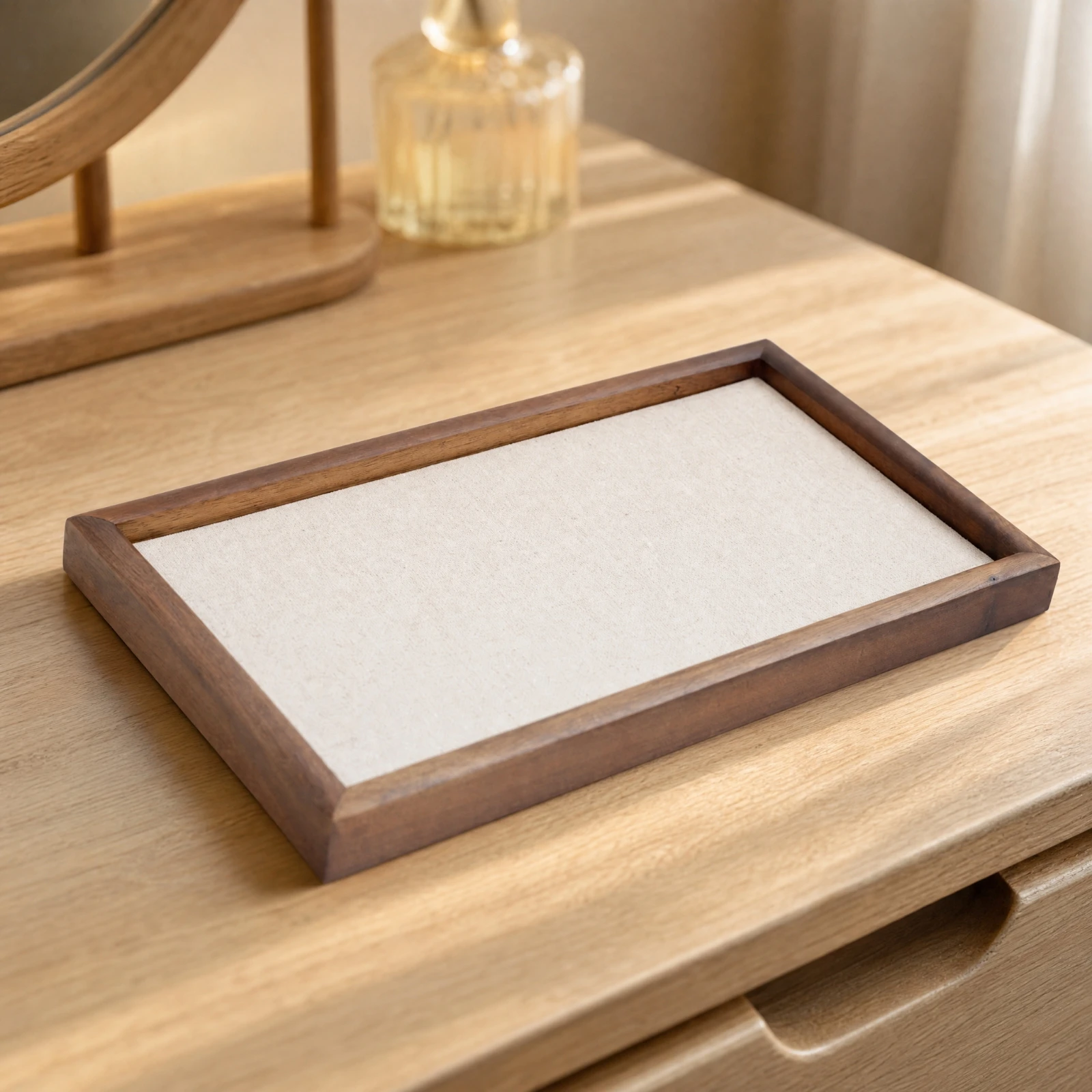 Wooden Jewelry Display with Fabric Lin-Ning Compact Jewelry Display Tray with Lined Surface Earring Hanger Stand Space-Saving